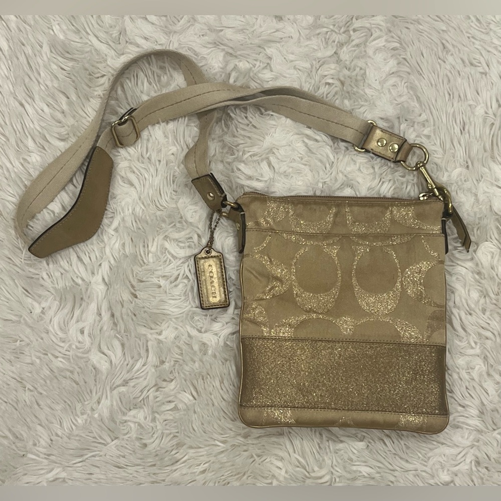 Coach 2008 Cursive Creed Shimmer Gold Studs Crossbody Purse Bag Limited Edition